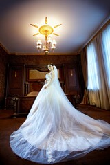 Beautiful young girl bride in a white wedding dress standing against the wall.