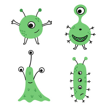 Set of cartoon green doodle germs and bacterias