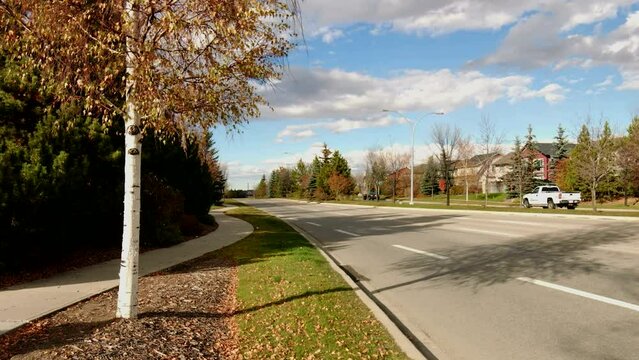 Street traffic with yellow trees in autumn season in Auburn Bay, Calgary, Alberta, Canada