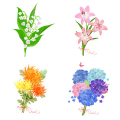 set of flowers and leaves. bouquet of orange and yellow chrysanthemums. colorful hydrangea flower. pink flowering lillies. isolated vector illustration of blossom arrangements on white background. blo