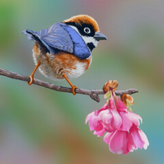 Black Throated Bush Tit Bird on Limb with Flowers