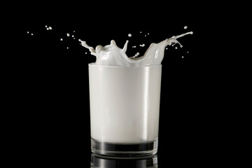 A glass of milk with splashes. A glass of milk on black.