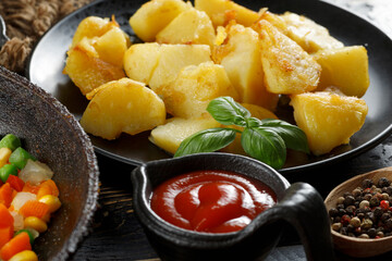 Fried potatoes close-up. Tasty and simple food. Traditional lunch.