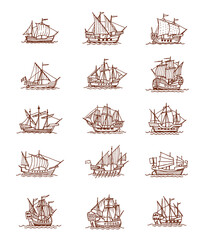 Isolated vintage sail ships and sailboats. Old vessel sketches of ancient nautical map. Vector sailing boats and ships, old caravels, antique galleons, yacht and frigates with sea waves, sails, ropes