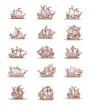 Isolated vintage sail ships and sailboats. Old vessel sketches of ancient nautical map. Vector sailing boats and ships, old caravels, antique galleons, yacht and frigates with sea waves, sails, ropes