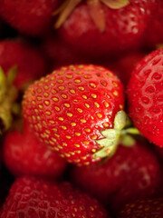 Juicy red strawberries with green leaves close-up