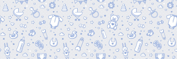 Baby Boy Seamless Pattern In Blue Colors. Vector Cartoon Illustration