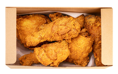 Fried chicken isolated on white With clipping path, Fried chicken on paper box for delivery PNG file.
