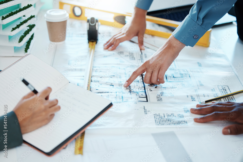 Poster Architect, blueprint and team meeting for planning, collaboration and communication for building development plan or project. Hands of engineer men and women talking strategy for architecture design