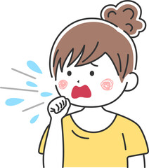 咳をする、髪を束ねた、私服女性のイラスト