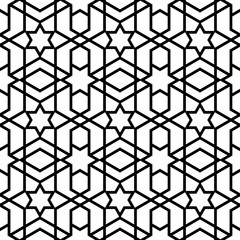 Mashrabiya arabesque arabic window pattern. Seamless islamic background. Vector monochrome ornament. Arabian repeated wallpaper, decorative ramadan motif. Black geometrical figures on white backdrop