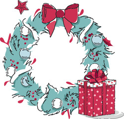 Christmas wreath with fir tree branches, gift box and red bow isolated on transparent background. Png file