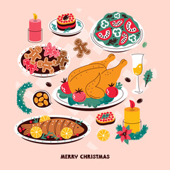 Christmas family dinner table. Holiday food set. Festive dishes for winter holiday meal. Drinks and treats for Xmas party. New Year Eve Dinner. Merry Christmas greeting card. Flat vector illustration.