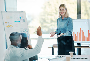 Presentation, finance and business people in a meeting, working and training on financial data at...