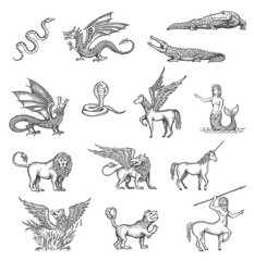 Unicorn, phoenix, dragon and Pegasus, minotaur or lion mermaid animal vector sketch. Crocodile, snake, griffin and werewolf, gryphon and centaur in sketch, fantastic mythology animal creatures