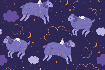 Seamless pattern with girls and sheep. Vector graphics.