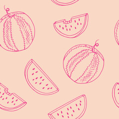 watermelon seamless pattern. hand drawn vector illustration in doodle style. minimalism. wallpaper, textile, wrapping paper, background. juicy, fresh, fruits, summer, food.