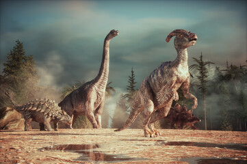 Dinosaurs- Parasaurolopus,  Ankylosaurus, Brachiosaurus, Stegosaurus in the nature.