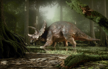 Triceratops dinosaur in the forest. - obrazy, fototapety, plakaty