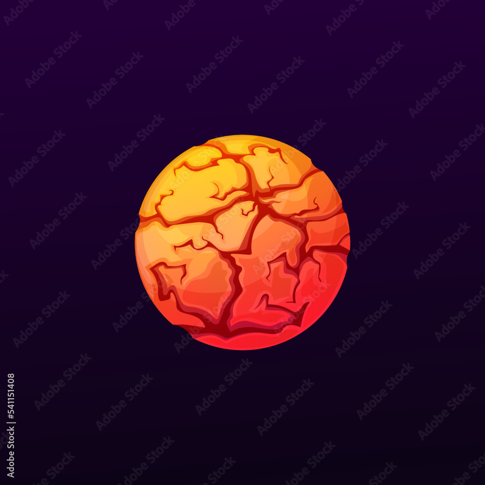 Poster cartoon red planet with cracks. space sci-fi game ui element, alien fantastic world or planet icon w