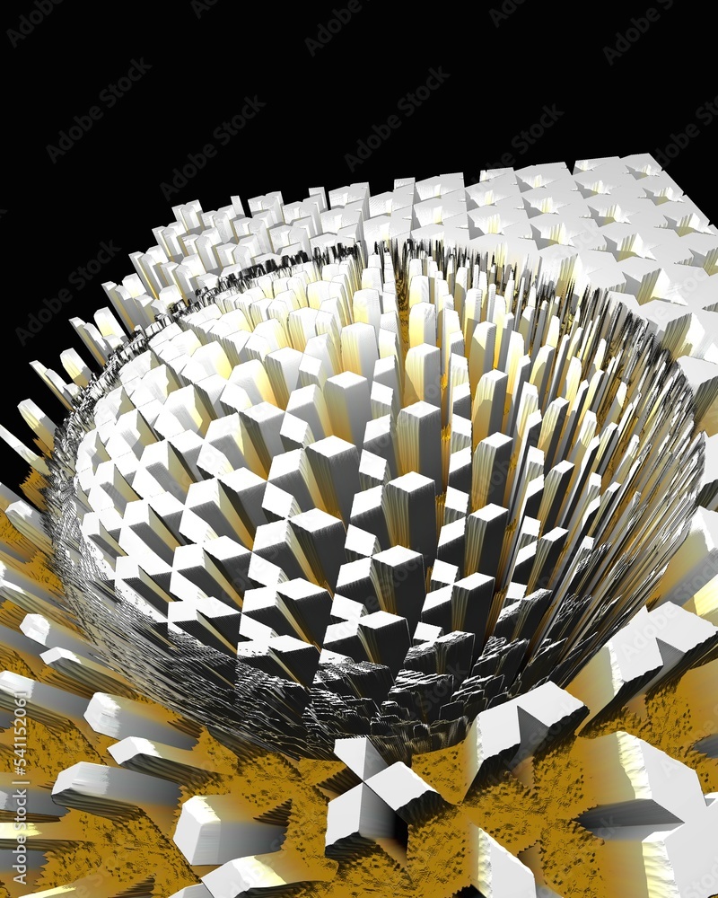 Poster pattern and design inspired by yellow gold sphere 3d exploding surface mosaic tile arrangement