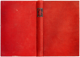 Old open book cover in red canvas - isolated on white