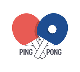 Ping pong ball and rackets with handles crossed. Blue and red logotype for sports club, championship, tournament flat thin line vector illustration