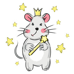 Print cute cartoon baby mouse with crown and stars. Kid rat vector print, can be used for kids or babies t shirt design. Fashion print graphic. Cartoon animal illustration