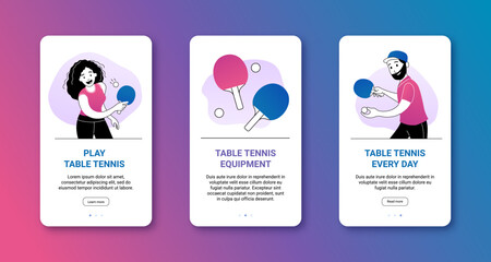 Play table tennis mobile app, landing page templates set. Table tennis equipment website. Ping pong class, tournament, competition, championship cartoon thin line vector illustration