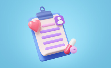 3d Medical history icon. Health document on clipboard, pill, white capsule, red heart. Personal profile icon for case history, medical appointment concept. Cartoon icon smooth. 3d render Clipping path
