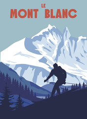 Mont Blanc ski resort poster, retro. Alps Winter travel card