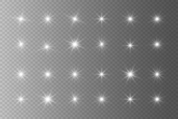 White glowing light explodes on a transparent background. Shiny magical white particles. Bright Star. Transparent shining sun, bright flash. Vector sequins.