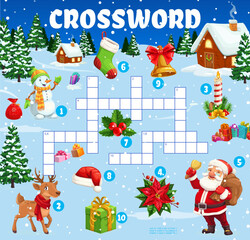 Christmas crossword quiz game, cartoon Santa and holiday village. Vector find a word grid worksheet with snowman, deer, candle and poinsettia flower. Santa, sock, holly, hat with bell and gift - obrazy, fototapety, plakaty