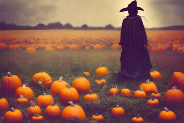 Creepy scarecrow in a field of pumpkins.