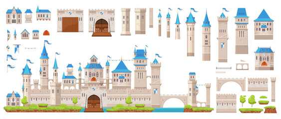 Knight stone castle and fortress constructor kit, vector gate tower and turret, bridge and fort walls. Castle or palace building constructor kit, medieval kingdom game or citadel architecture elements © Vector Tradition