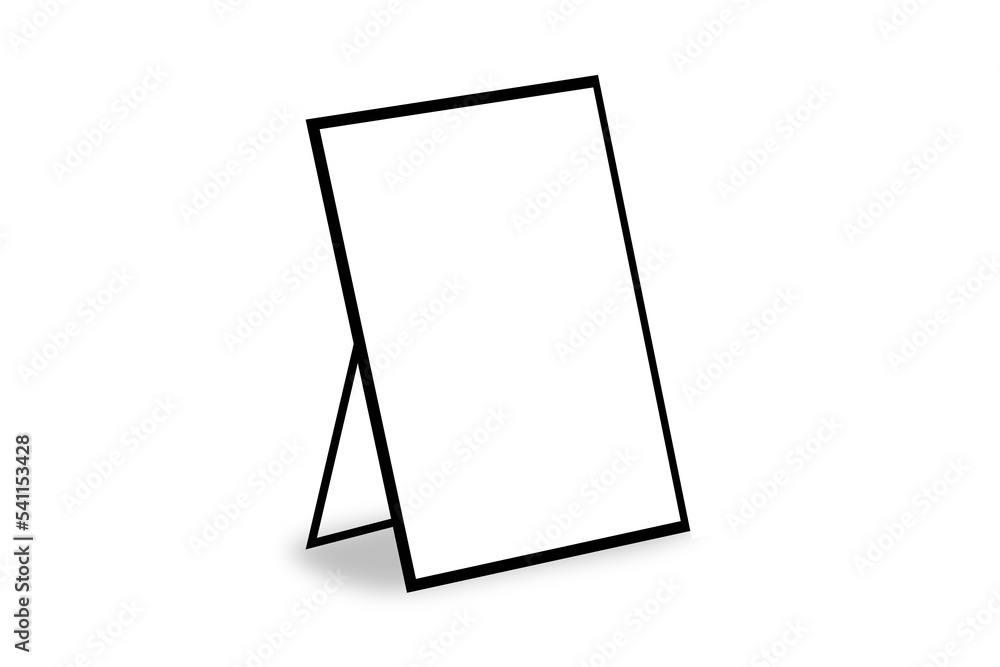 Poster empty blank photo frame with stand mockup isolated on white background. 3d rendering.