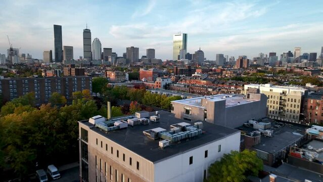 aerial push in over apartments and businesses in boston massachusetts