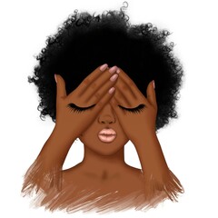 Fashion African American Girl Isolated On A White Background Dark Skin Toned Hand Drawn Illustration	