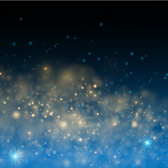 Fototapeta na wymiar Blurred light bokeh on dark blue background. Christmas and New Year holidays template. Abstract sparkles defocused blinking stars and sparks. vector eps 10