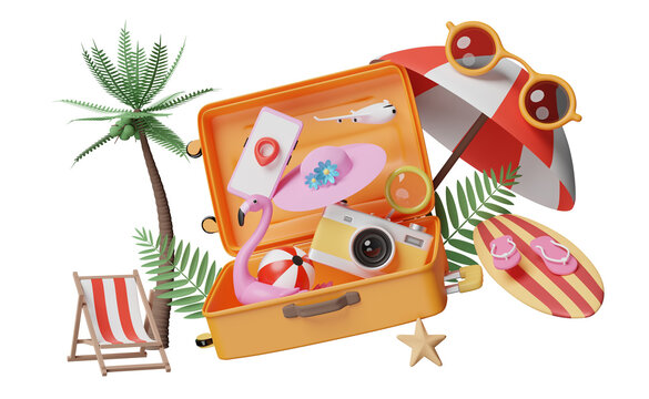 summer travel with orange suitcase, beach chair, sunglasses, camera, surfboard, umbrella, Inflatable flamingo,coconut tree, magnifying isolated. concept 3d illustration, 3d render