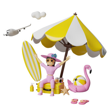 summer travel with woman sitting on yellow suitcase and surfboard, umbrella, Inflatable flamingo, palm, camera, sandals isolated. concept 3d illustration or 3d render