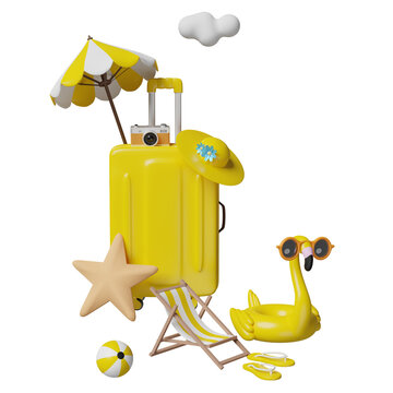 summer travel with yellow suitcase, beach chair, sunglasses, camera, umbrella, Inflatable flamingo, sandals ,hat isolated. concept 3d illustration or 3d render