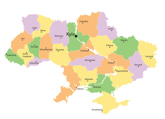 administrative map of Ukraine with colored ukrainian areas. Vector illustration on white