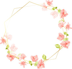 watercolor pink Bougainvillea with golden wreath frame with copy space