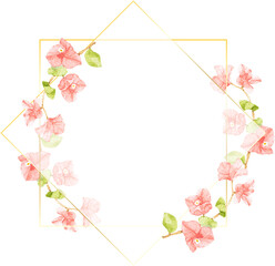 watercolor pink Bougainvillea with golden wreath frame with copy space