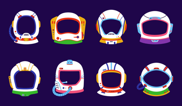 Kids astronaut space helmet for photo booth, vector spaceman cosmonaut masks. Cartoon space suit helmet for video chat face effect or sticker frame template for mobile app or avatar profile mask