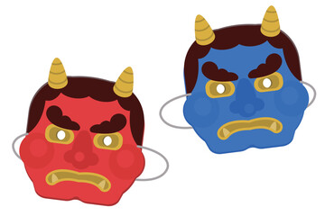節分　赤鬼と青鬼のお面　イラスト