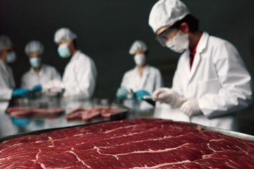 View of butchers cultivating meat