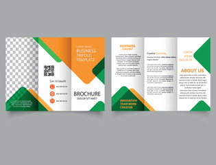 Yellow green trifold brochure with triangles. Catalog Vector Template.