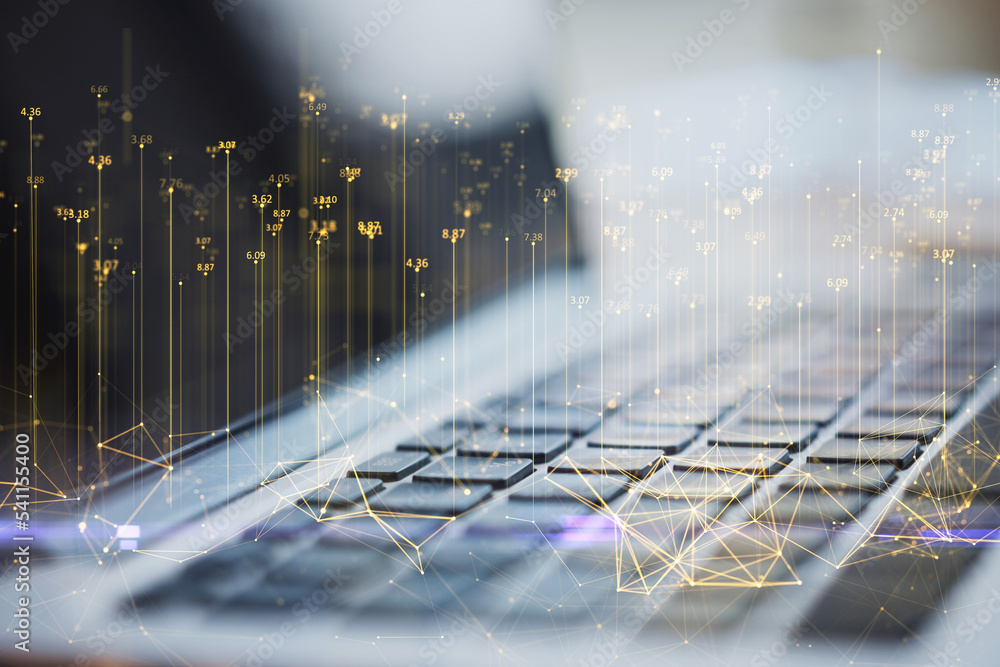 Poster Stats data visualization concept with digital graphic abstract indicators in form of glowing yellow lines with numbers on modern laptop background, double exposure